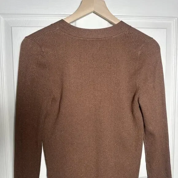 Maeve Thea Ribbed V-Neck Sweater Top Medium Honey Brown Metallic Anthropologie - Picture 8 of 9